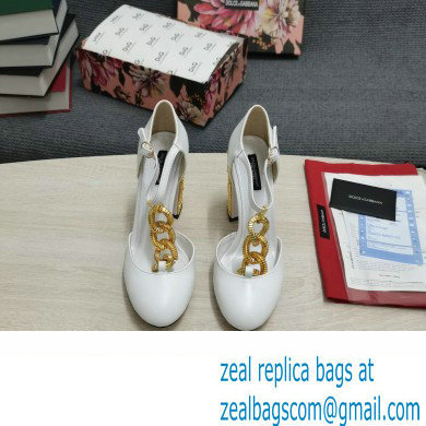 Dolce  &  Gabbana Logo Heel 10.5cm Chain leather T-strap Pumps White 2022